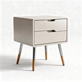 Modern two-drawer nightstand with metal legs and wooden accents in beige finish