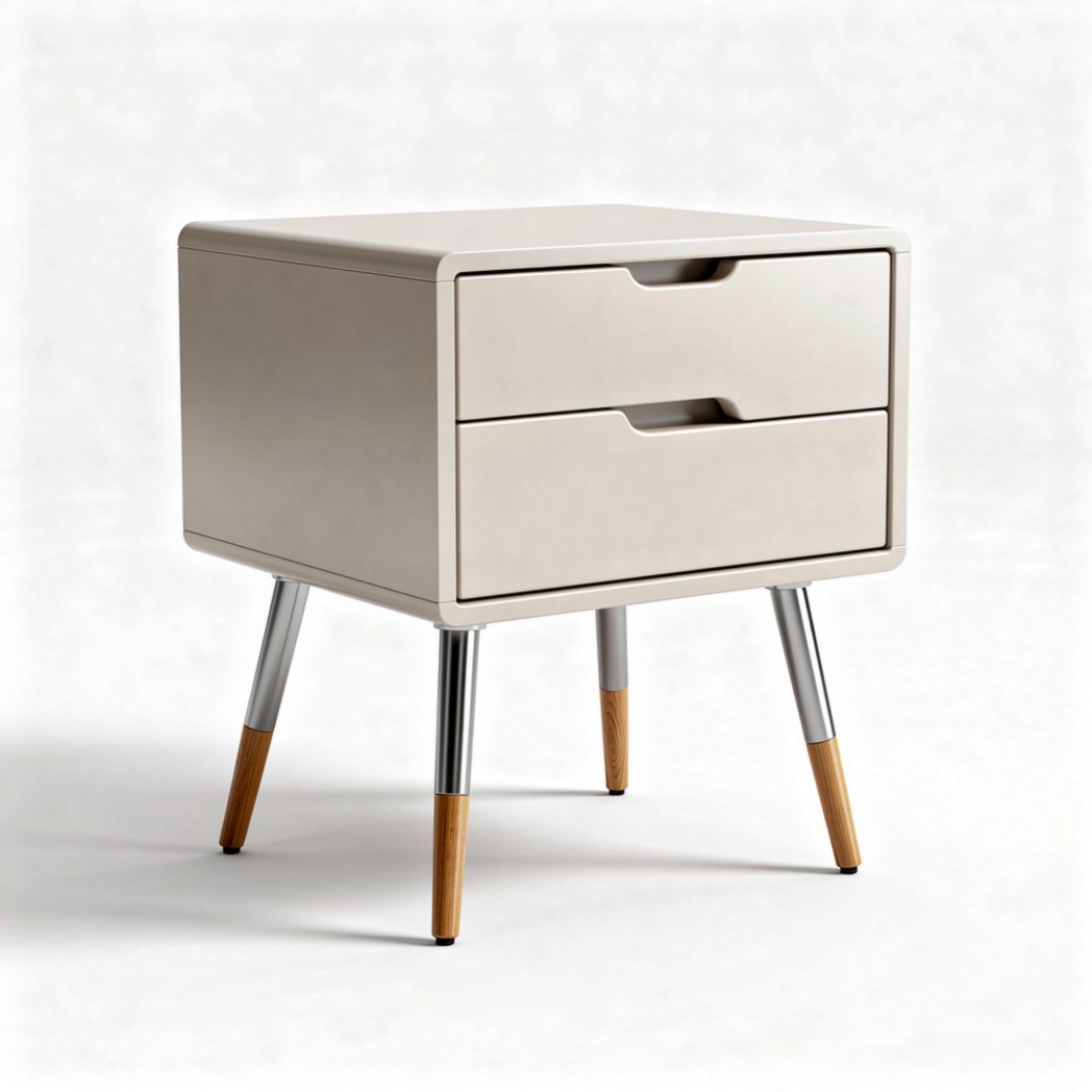 Modern two-drawer nightstand with metal legs and wooden accents in beige finish