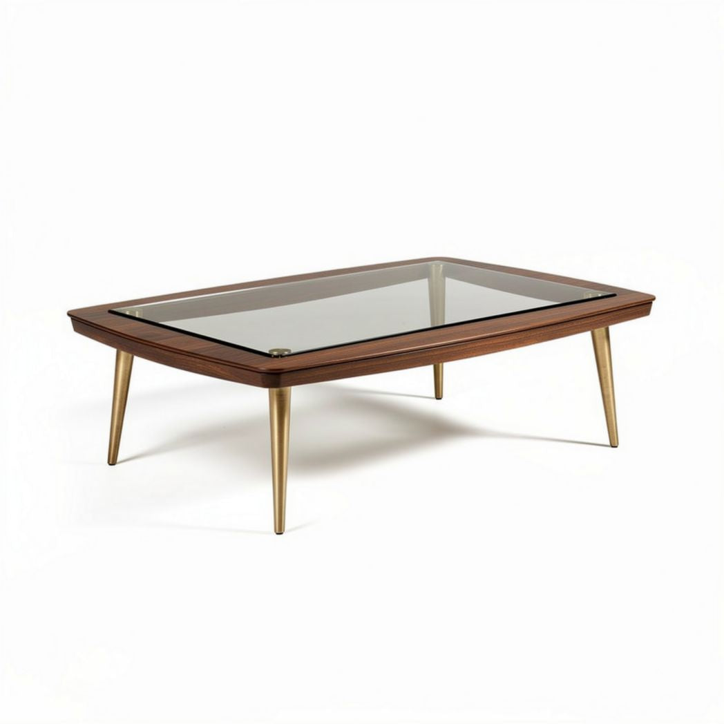 Glass top coffee table with wood frame and metal legs 120 x 60 x 45cm