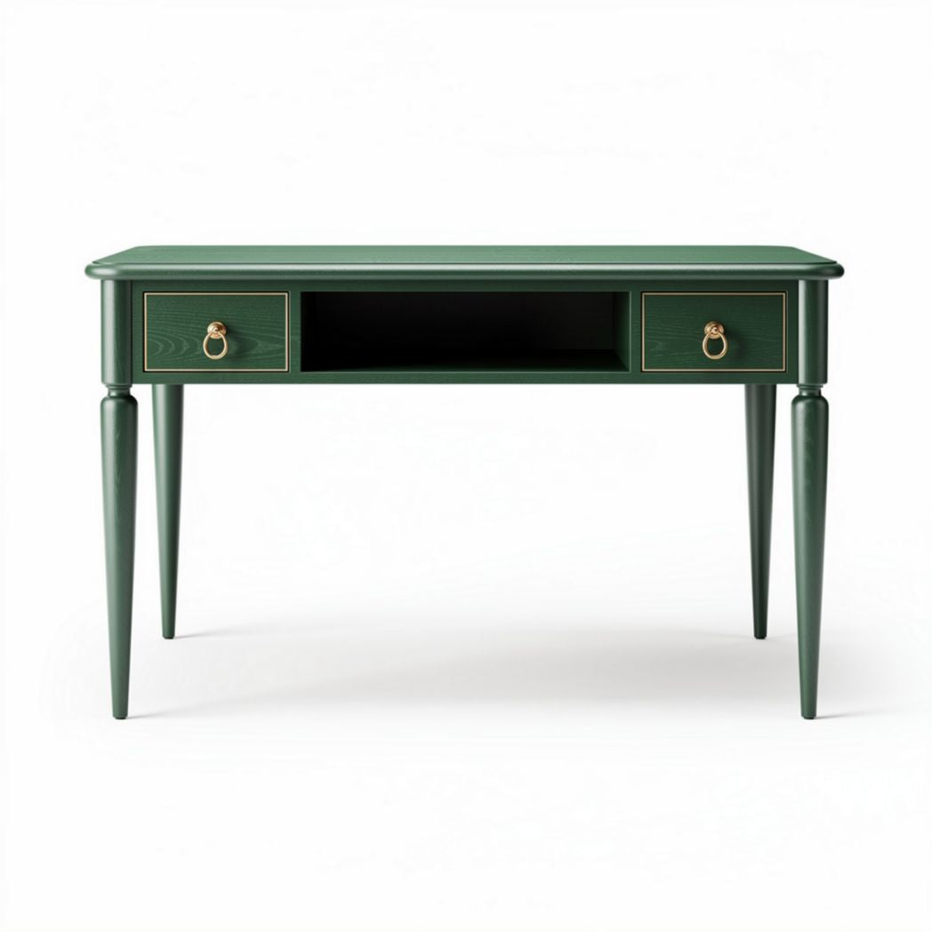 Green wooden writing desk with two drawers and open shelf 90 x 50 x 75cm