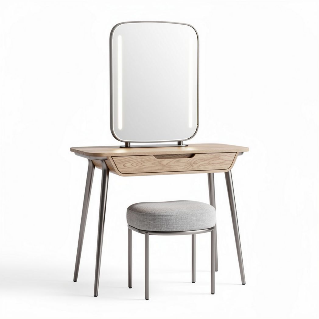 Wooden dressing table with illuminated mirror and upholstered stool 100 x 50 x 135cm