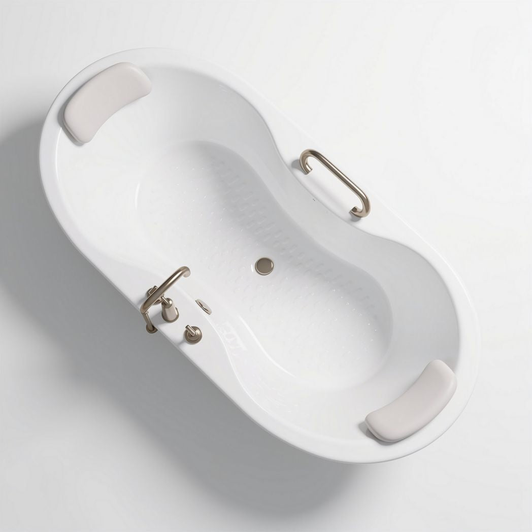 Freestanding acrylic soaking tub with chrome fixtures and anti-slip design