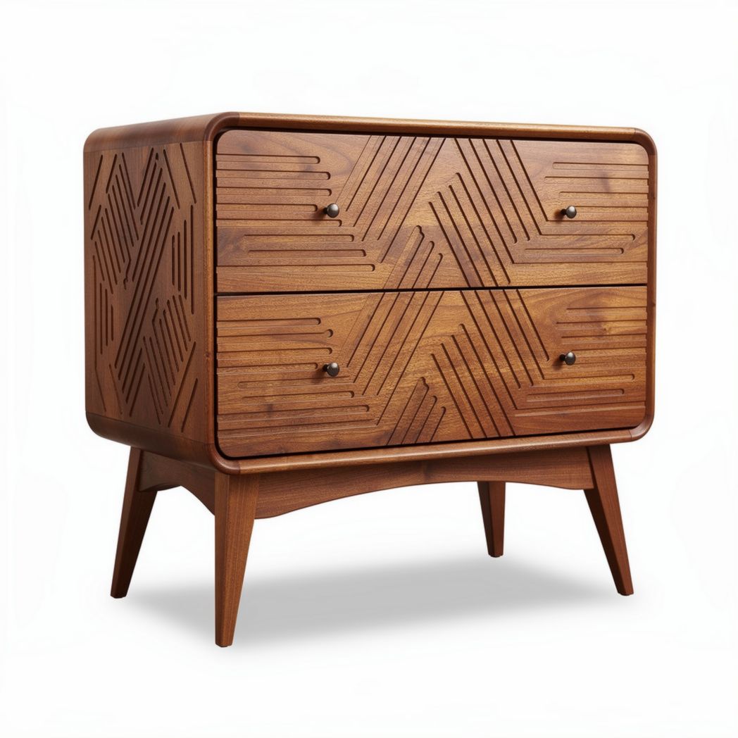 Wooden nightstand with geometric pattern design and two drawers 80 x 45 x 70cm