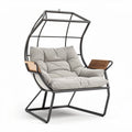 Outdoor metal frame hanging chair with cushion and wooden armrests 90 x 80 x 120cm