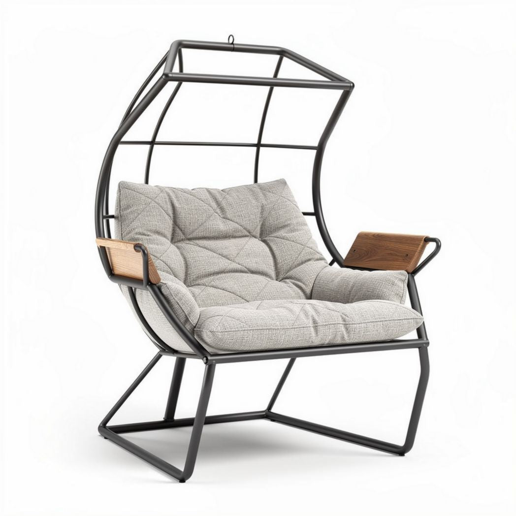Outdoor metal frame hanging chair with cushion and wooden armrests 90 x 80 x 120cm