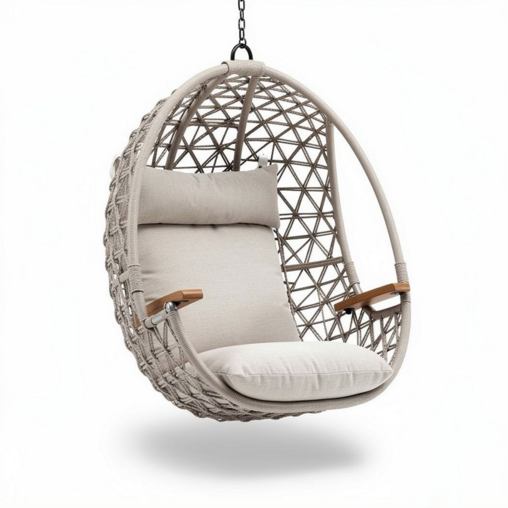 Woven hanging chair with cushion and wooden armrests for indoor outdoor use