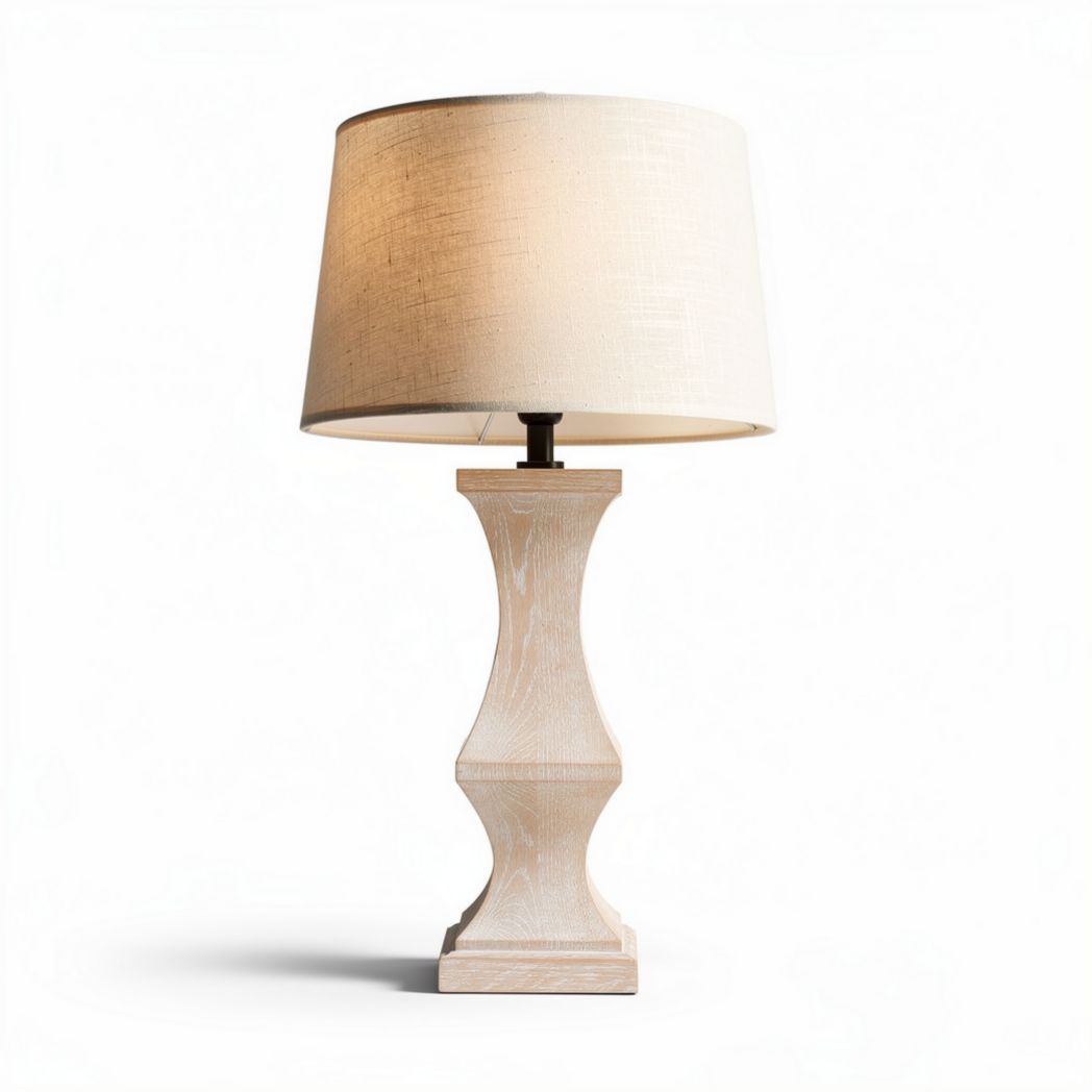 White wood table lamp with linen shade for living room decor 30 x 30 x 60cm