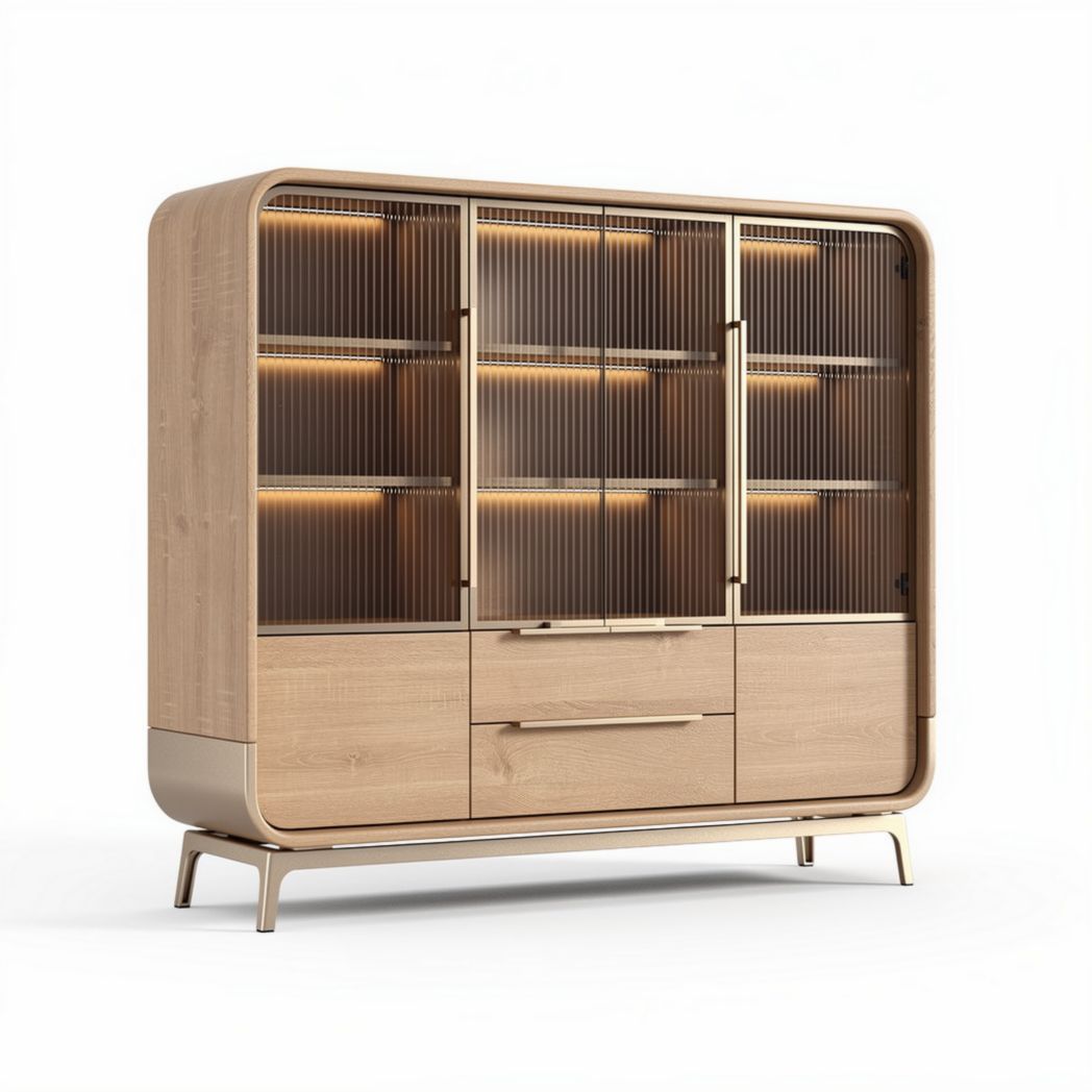 Wooden display cabinet with glass doors 120 x 40 x 90cm in natural finish