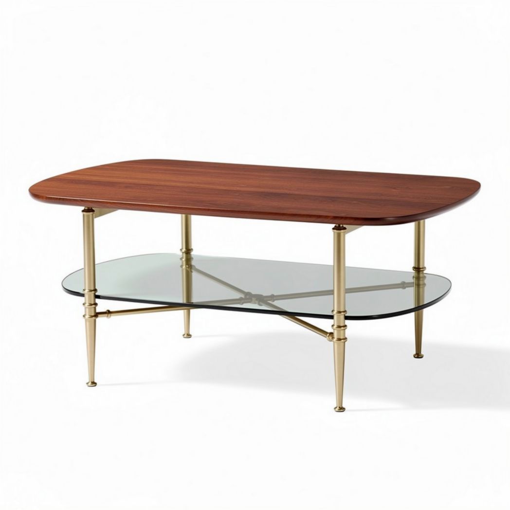 Wood and glass coffee table with brass legs 48 x 24 x 18 inches